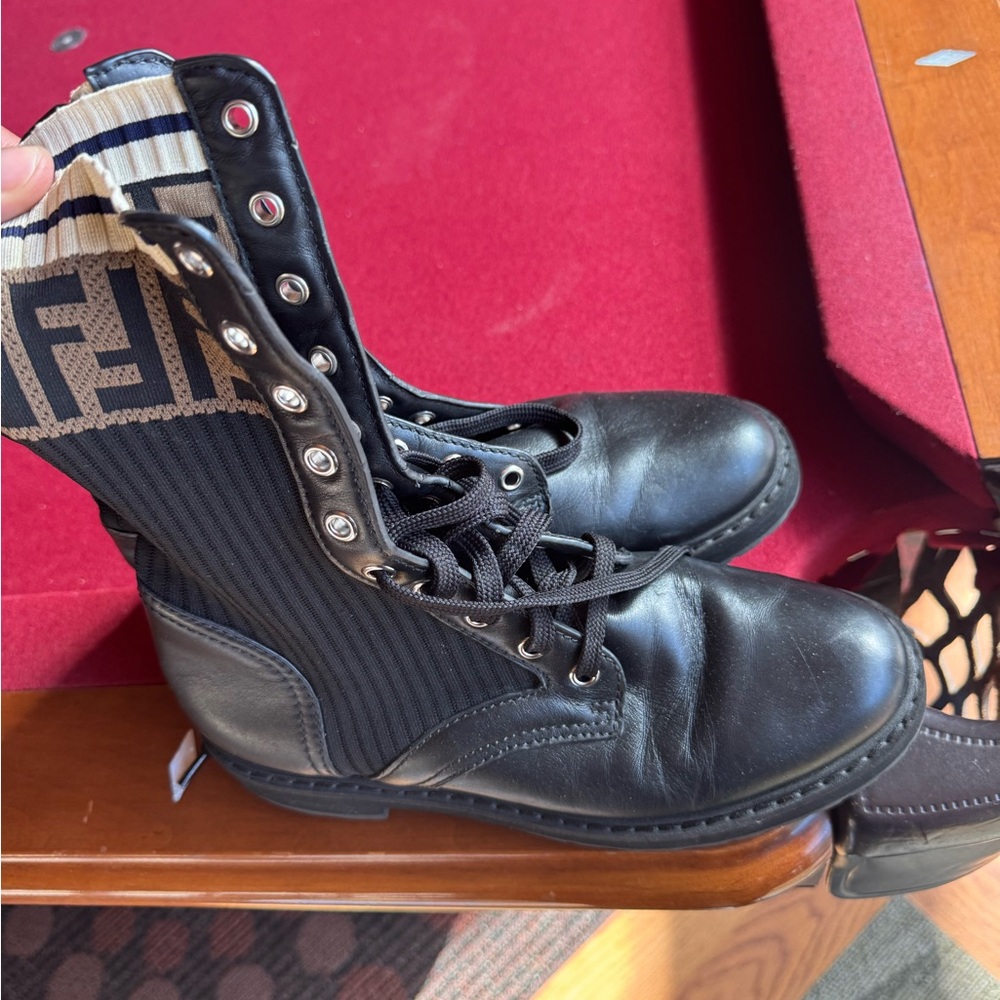 ROCKOKO FENDI Black Leather Combat Boots with Logo Detail